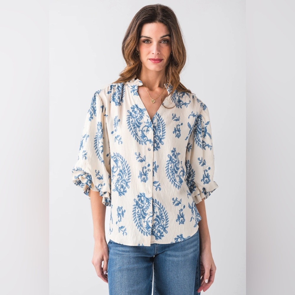 Cream Blouse with Blue Floral Print Button Front
